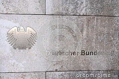 Berlin, Germany - November 03, 2022: The German Bundestag Deutscher Bundestag logo on Eingang WilhelmstraÃŸe bulding Editorial Stock Photo